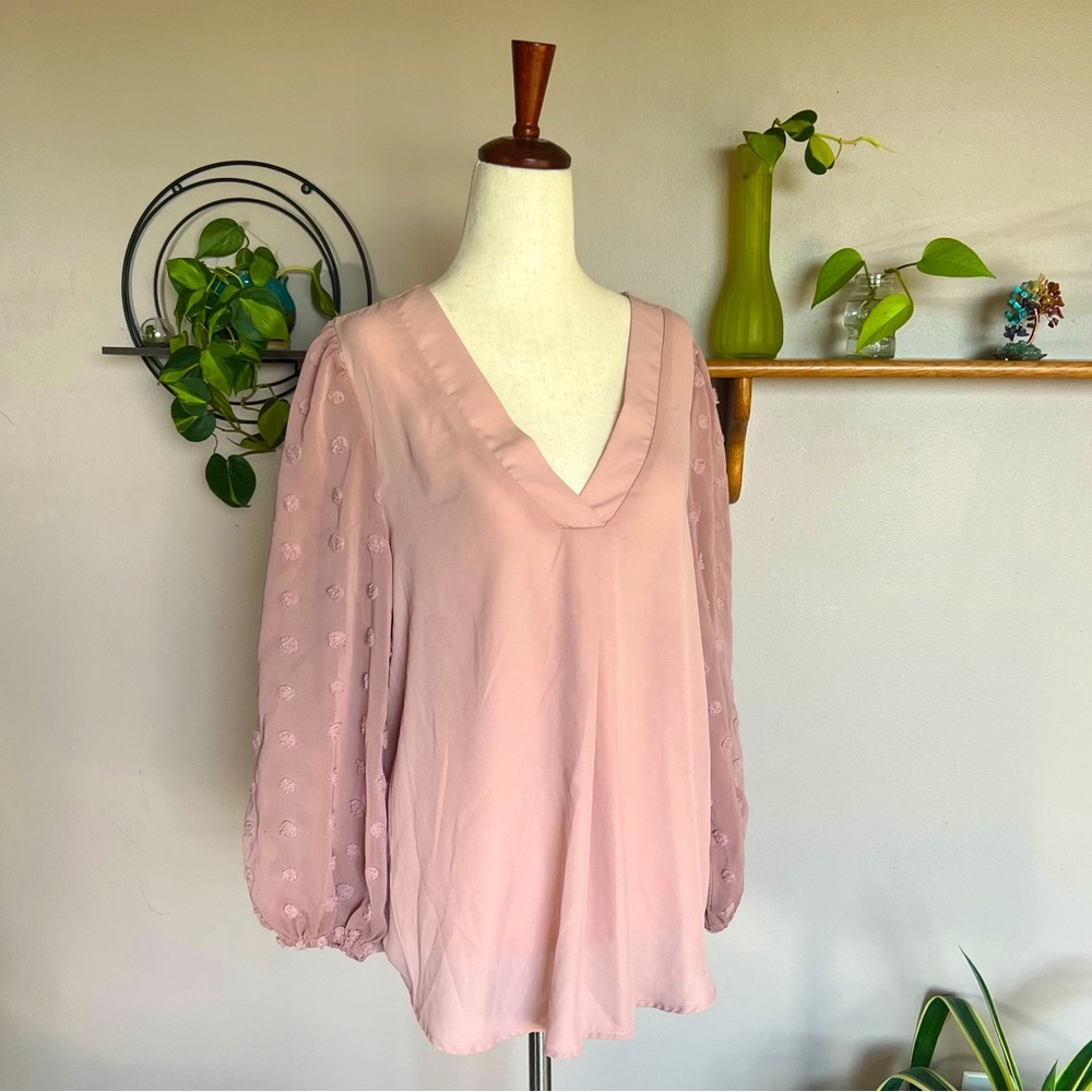 Women's Swiss Dot Blouses V Neck Lantern Sleeve Stylish Loose Fit Chiffon Shirt